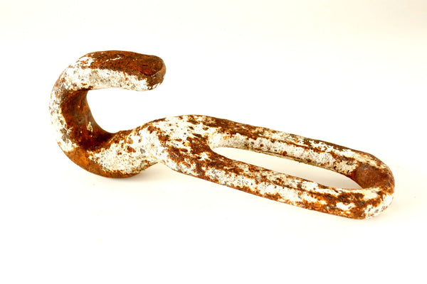 Vintage Industrial Cast Iron Metal Hook / Pully Hook in White and Rust,  Large (c.1950s)