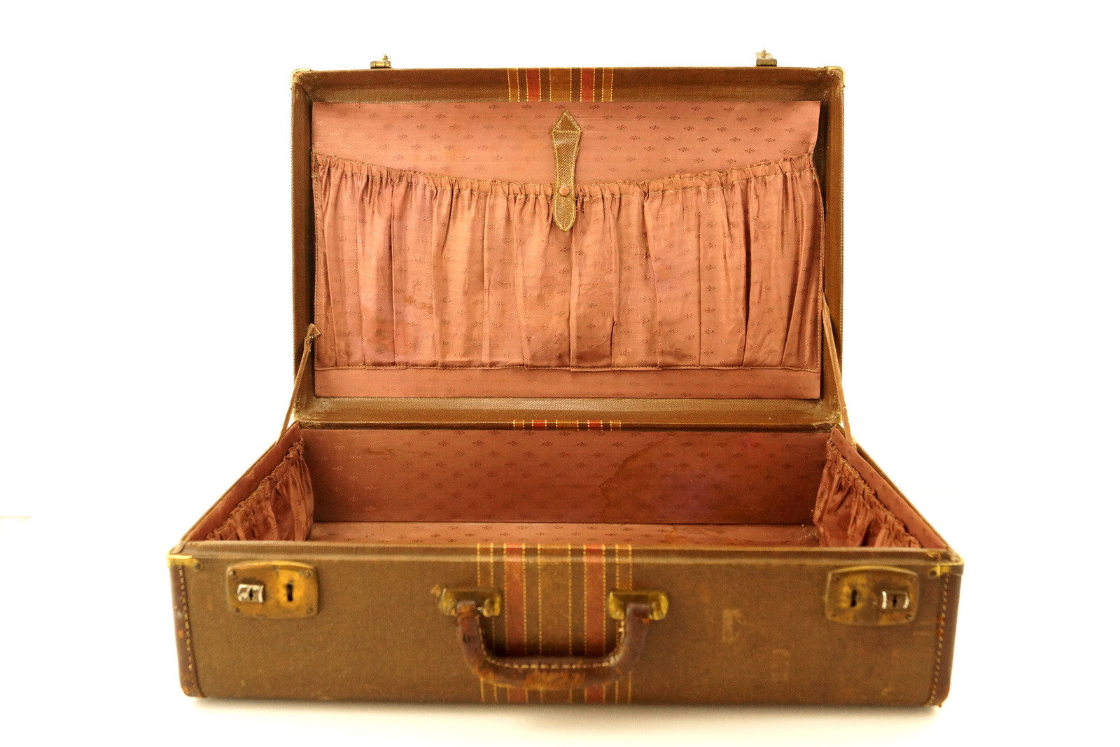Vintage Tweed Hard Sided Suitcase with Leather Edges and Handle (c