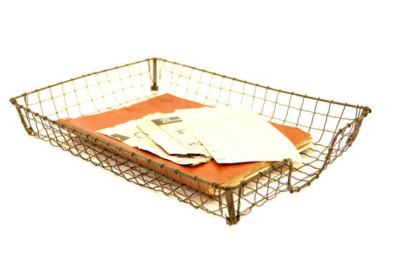 industrial vintage wire basket office storage desk paper in out