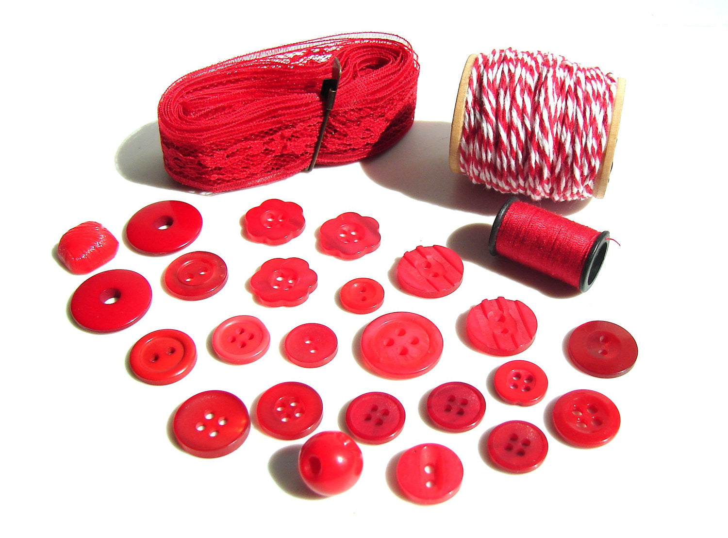 Vintage Mid Century Plastic Red Buttons Set of 10 Matching Matte